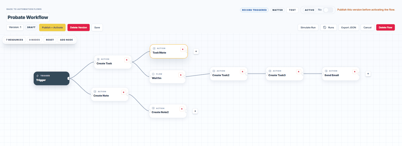 PallmLaw automation flow canvas