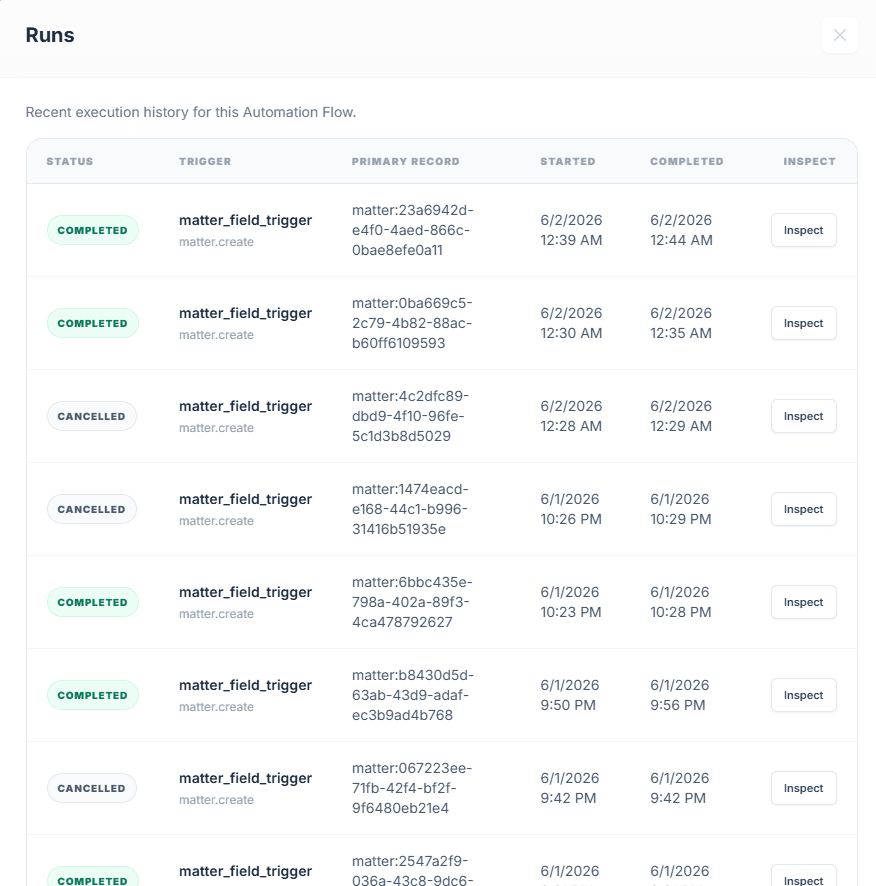 Automation flow runs log