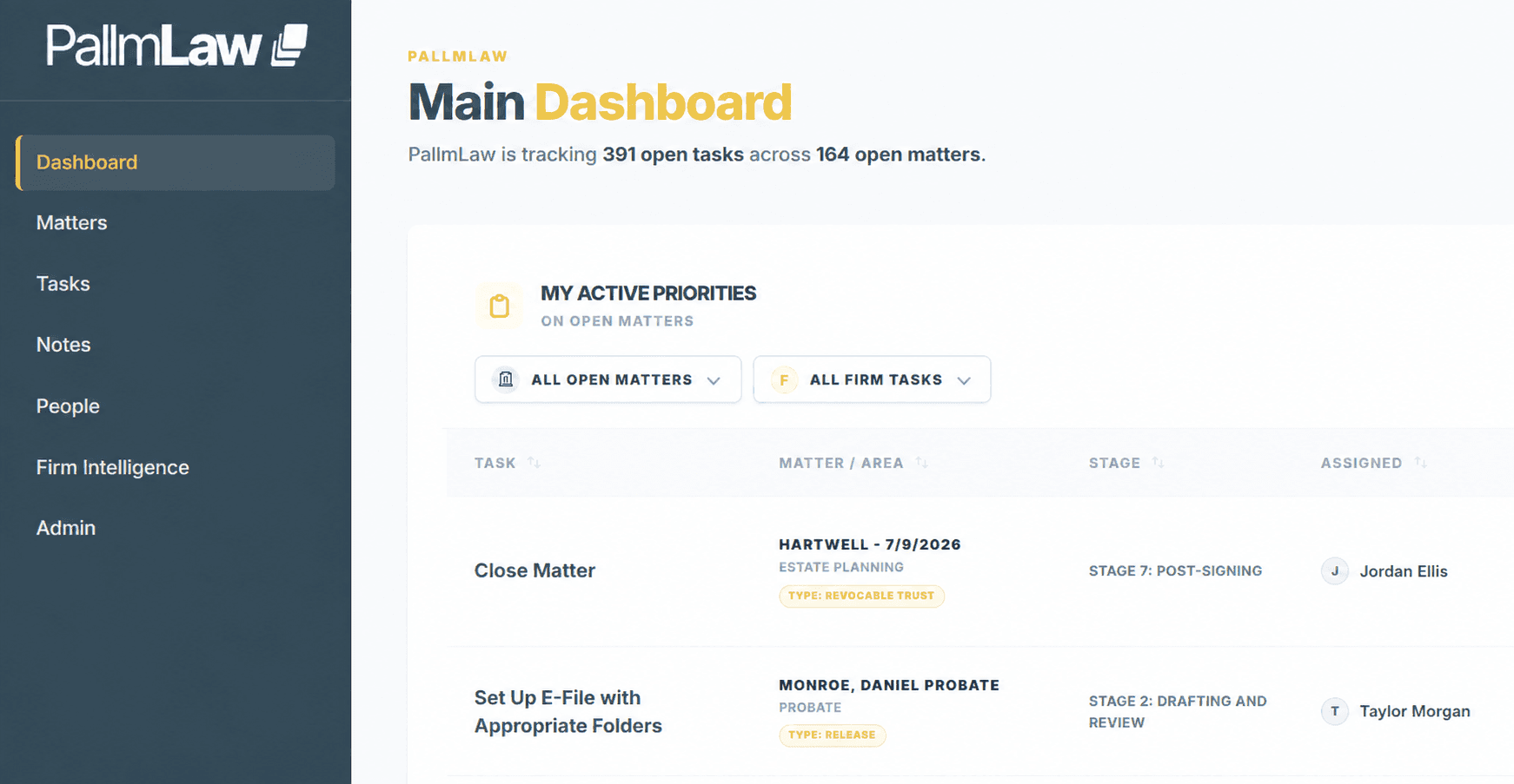 PallmLaw dashboard with notes navigation