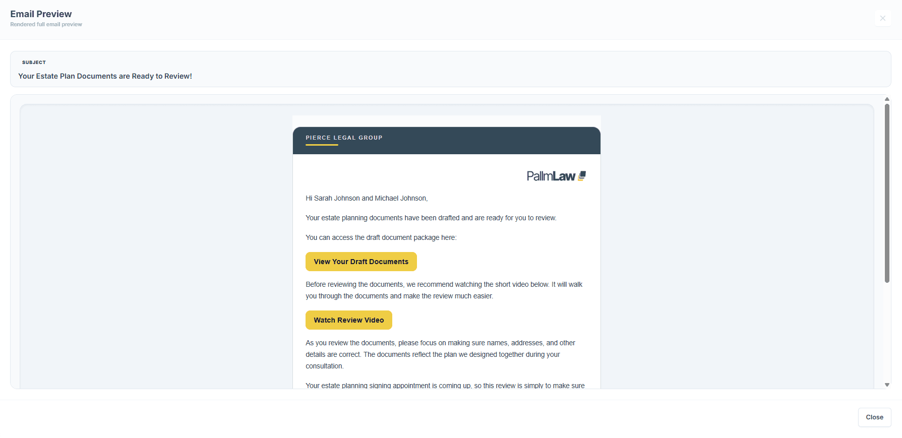 Client-facing email preview in PallmLaw