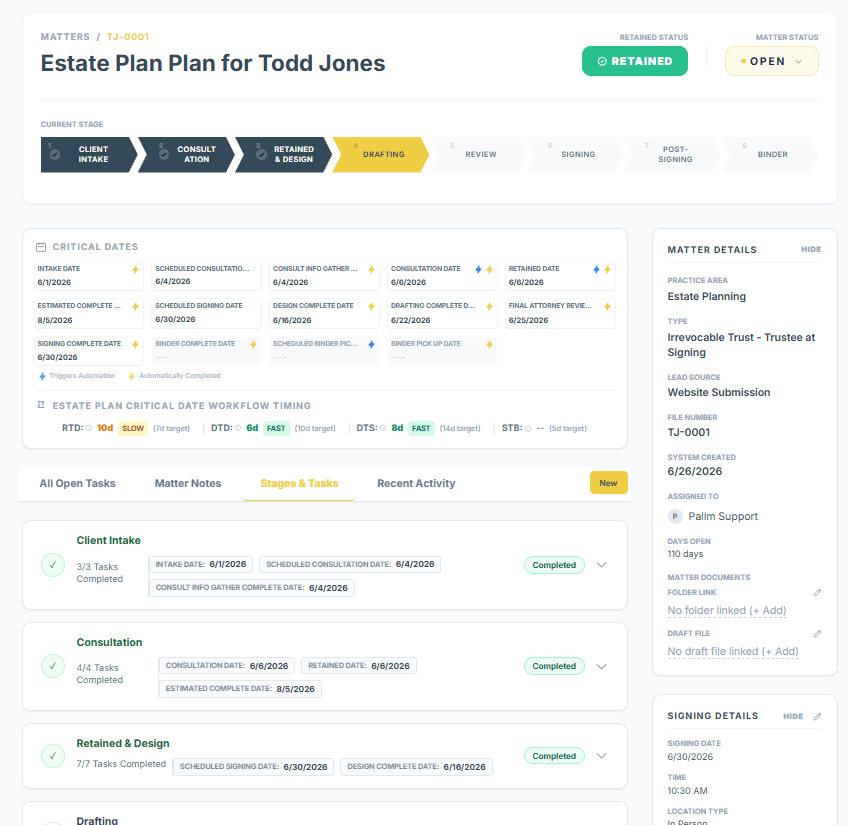 Estate Planning matter record in PallmLaw